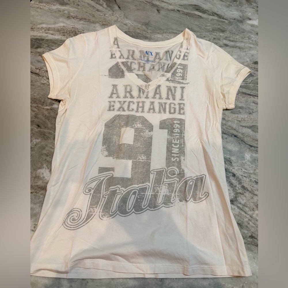 Armani Exchange A|X Cream Pima Cotton Logo V Neck Tee Large